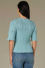 Pale Teal Above Elbow Flounce Scallop Sleeve Round Neck Ribbed Mixed Stitch Plus Size Sweater Top
