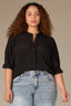 Black Puff Elbow Scallop Sleeve Ruffle Stand Collar Neck Button Down Crochet Placket Pleated Yoke Plus Size Woven Top  