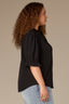 Black Puff Elbow Scallop Sleeve Ruffle Stand Collar Neck Button Down Crochet Placket Pleated Yoke Plus Size Woven Top  
