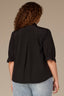 Black Puff Elbow Scallop Sleeve Ruffle Stand Collar Neck Button Down Crochet Placket Pleated Yoke Plus Size Woven Top  