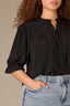 Black Puff Elbow Scallop Sleeve Ruffle Stand Collar Neck Button Down Crochet Placket Pleated Yoke Plus Size Woven Top  