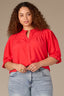 Poppy Red Puff Elbow Scallop Sleeve Ruffle Stand Collar Neck Button Down Crochet Placket Pleated Yoke Plus Size Woven Top 