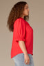 Poppy Red Puff Elbow Scallop Sleeve Ruffle Stand Collar Neck Button Down Crochet Placket Pleated Yoke Plus Size Woven Top 