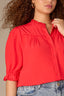 Poppy Red Puff Elbow Scallop Sleeve Ruffle Stand Collar Neck Button Down Crochet Placket Pleated Yoke Plus Size Woven Top 