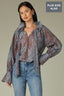 Nile Blue Plum Multi Animal Print Long French Cuff Sleeve Babylock Wire Edge Curled Collar Split Neck Self Tie Pleated Plus Size Woven Top 