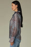 Nile Blue Plum Multi Animal Print Long French Cuff Sleeve Babylock Wire Edge Curled Collar Split Neck Self Tie Pleated Plus Size Woven Top 