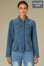 Mid Blue Denim Long Puff Sleeve Collar Neck Snap Front Breast Pocket Peplum Hem Plus Size Jacket
