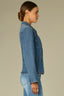Mid Blue Denim Long Puff Sleeve Collar Neck Snap Front Breast Pocket Peplum Hem Plus Size Jacket