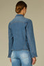 Mid Blue Denim Long Puff Sleeve Collar Neck Snap Front Breast Pocket Peplum Hem Plus Size Jacket