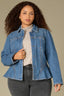 Mid Blue Denim Long Puff Sleeve Collar Neck Snap Front Breast Pocket Peplum Hem Plus Size Jacket