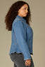 Mid Blue Denim Long Puff Sleeve Collar Neck Snap Front Breast Pocket Peplum Hem Plus Size Jacket