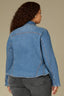 Mid Blue Denim Long Puff Sleeve Collar Neck Snap Front Breast Pocket Peplum Hem Plus Size Jacket