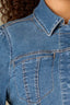 Mid Blue Denim Long Puff Sleeve Collar Neck Snap Front Breast Pocket Peplum Hem Plus Size Jacket