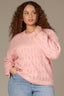 Heather Sweet Melon Long Drop Shoulder Sleeve Round Neck Open Work Plus Size Sweater
