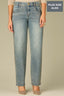 Mid Blue Artisanal Denim Contour Shape Technology Mid-Rise Double Sweetheart Yoke Gold Accents Plus Size Stovepipe Jean