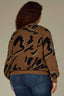 Golden Brown Black Long Blouson Sleeve Overlap Mock Neck Banded Hem Abstract Metallic Jacquard Print Plus Size Pull Over Sweater