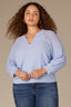 Blue Crush Three Quarter Pleated Sleeve Round V-Notch Neck Banded Hem Plus Size Sweater