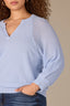 Blue Crush Three Quarter Pleated Sleeve Round V-Notch Neck Banded Hem Plus Size Sweater