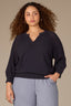 Navy Three Quarter Pleated Sleeve Round V-Notch Neck Banded Hem Plus Size Sweater