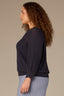 Navy Three Quarter Pleated Sleeve Round V-Notch Neck Banded Hem Plus Size Sweater