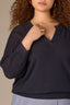 Navy Three Quarter Pleated Sleeve Round V-Notch Neck Banded Hem Plus Size Sweater