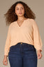 Peach Fuzz Three Quarter Pleated Sleeve Round V-Notch Neck Banded Hem Plus Size Sweater