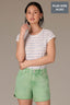 Chambray Blue Print Stripe Extended Shoulder Cap Sleeve Stripe Print Scoop Neck Side Slit Hem Plus Size Knit Top