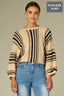 Oatmeal Black Three Quarter Pleated Dolman Blouson Sleeve Round Neck Striped Banded Hem Plus Size Sweater Top