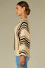 Oatmeal Black Three Quarter Pleated Dolman Blouson Sleeve Round Neck Striped Banded Hem Plus Size Sweater Top