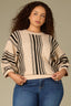 Oatmeal Black Three Quarter Pleated Dolman Blouson Sleeve Round Neck Striped Banded Hem Plus Size Sweater Top