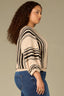 Oatmeal Black Three Quarter Pleated Dolman Blouson Sleeve Round Neck Striped Banded Hem Plus Size Sweater Top