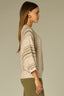 Oatmeal Oyster Mushroom Three Quarter Pleated Dolman Blouson Sleeve Round Neck Striped Banded Hem Plus Size Sweater Top
