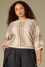 Oatmeal Oyster Mushroom Three Quarter Pleated Dolman Blouson Sleeve Round Neck Striped Banded Hem Plus Size Sweater Top