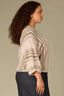 Oatmeal Oyster Mushroom Three Quarter Pleated Dolman Blouson Sleeve Round Neck Striped Banded Hem Plus Size Sweater Top