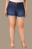Indigo Denim High Rise Double Front Pocket Frayed Roll Cuff Hem Contour Shape Technology Plus Size Short