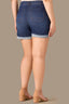 Indigo Denim High Rise Double Front Pocket Frayed Roll Cuff Hem Contour Shape Technology Plus Size Short