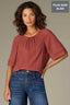 Mahogany Red Elbow Raglan Bell Sleeve Shirred Scoop Neck Keyhole Back Pintucking Slit Hem Plus Size Woven Top
