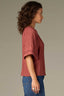 Mahogany Red Elbow Raglan Bell Sleeve Shirred Scoop Neck Keyhole Back Pintucking Slit Hem Plus Size Woven Top
