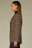 Brown Multi Plaid Long Buttoned Sleeve Triple Button Front Flap Pockets Faux Breast Pocket Suede Contrast Double Back Vent Plaid Print Plus Size Woven Blazer
