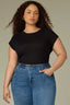 Black Extended Shoulder Cap Sleeve Round Neck Pointelle Stitch Straight Ribbed Hem Plus Size Sweater Top