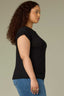 Black Extended Shoulder Cap Sleeve Round Neck Pointelle Stitch Straight Ribbed Hem Plus Size Sweater Top