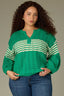 Golf Green Three Quarter Cinched Drop Shoulder Sleeve Round Neck V-Placket Wavy Stripe Pointelle Stitch Plus Size Sweater