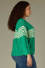 Golf Green Three Quarter Cinched Drop Shoulder Sleeve Round Neck V-Placket Wavy Stripe Pointelle Stitch Plus Size Sweater