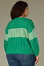Golf Green Three Quarter Cinched Drop Shoulder Sleeve Round Neck V-Placket Wavy Stripe Pointelle Stitch Plus Size Sweater