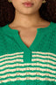 Golf Green Three Quarter Cinched Drop Shoulder Sleeve Round Neck V-Placket Wavy Stripe Pointelle Stitch Plus Size Sweater