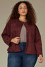 Oxblood Long Puff Slit Sleeve Collarless Hidden Snap Front Round Neck Breast Side Pocket Seaming Peplum Hem Plus Size Woven Jacket 