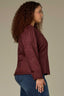 Oxblood Long Puff Slit Sleeve Collarless Hidden Snap Front Round Neck Breast Side Pocket Seaming Peplum Hem Plus Size Woven Jacket 