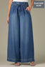 Mid Blue Denim Contour Shape Technology Ultra Skyrise Angled Dart Seams Smocked Waist Tie Leg Darts Plus Size Wide Leg Jean