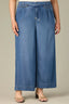 Mid Blue Denim Contour Shape Technology Ultra Skyrise Angled Dart Seams Smocked Waist Tie Leg Darts Plus Size Wide Leg Jean