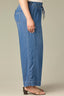 Mid Blue Denim Contour Shape Technology Ultra Skyrise Angled Dart Seams Smocked Waist Tie Leg Darts Plus Size Wide Leg Jean